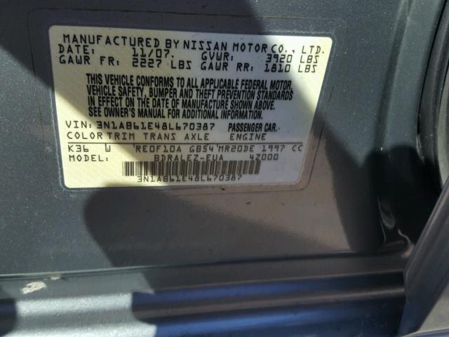 3N1AB61E48L670387 - 2008 NISSAN SENTRA 2.0 GRAY photo 10