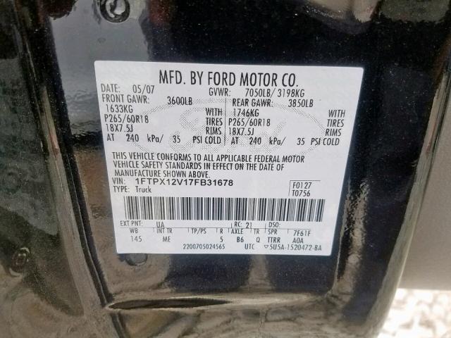 1FTPX12V17FB31678 - 2007 FORD F150 BLACK photo 10