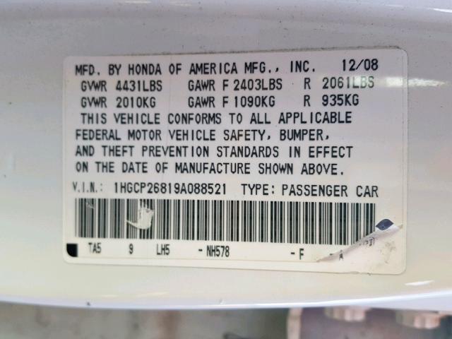 1HGCP26819A088521 - 2009 HONDA ACCORD EXL WHITE photo 10