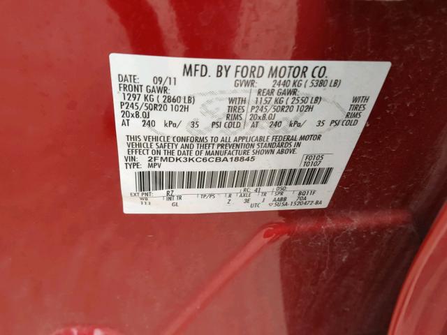2FMDK3KC6CBA18845 - 2012 FORD EDGE LIMIT RED photo 10