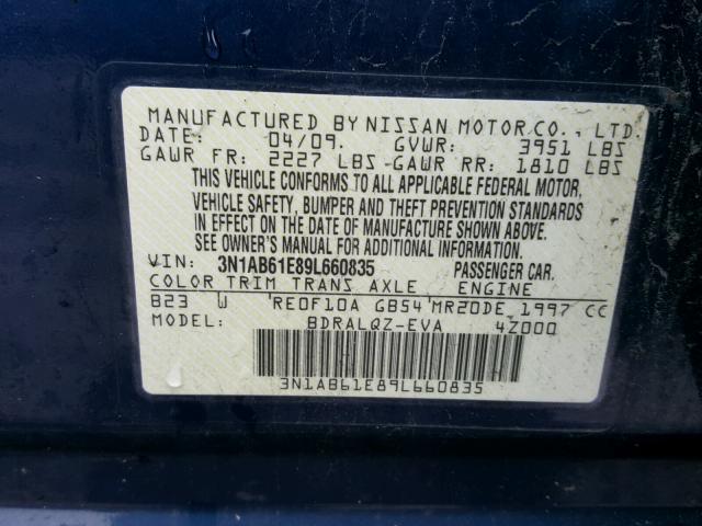 3N1AB61E89L660835 - 2009 NISSAN SENTRA 2.0 BLUE photo 10