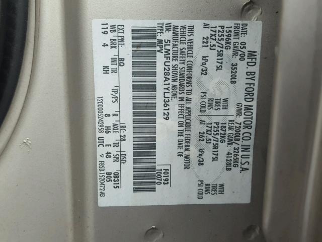 5LMFU28A1YLJ36129 - 2000 LINCOLN NAVIGATOR 米色 照片 10