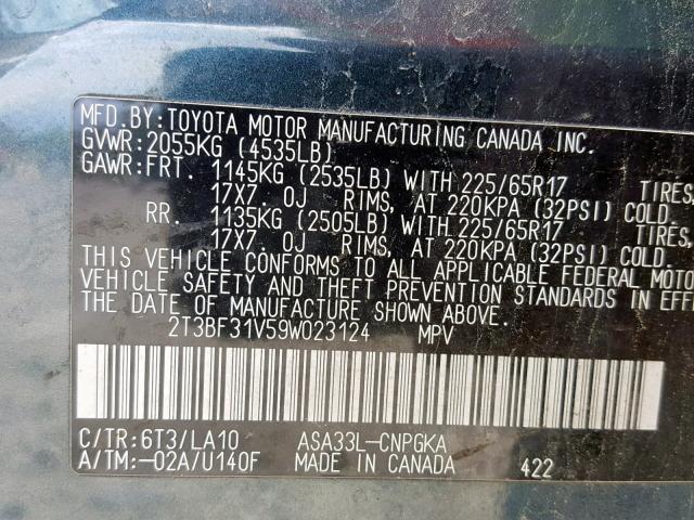 2T3BF31V59W023124 - 2009 TOYOTA RAV4 LIMIT GREEN photo 10