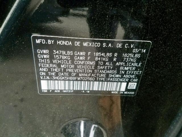 3HGGK5H88FM702560 - 2015 HONDA FIT EX BLACK photo 10