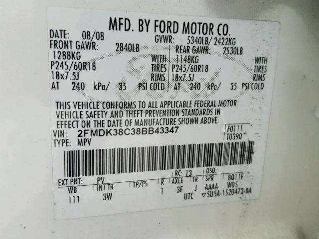 2FMDK38C38BB43347 - 2008 FORD EDGE SEL WHITE photo 10