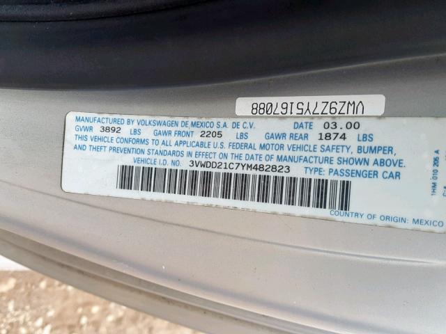 3VWDD21C7YM482823 - 2000 VOLKSWAGEN NEW BEETLE SILVER photo 10