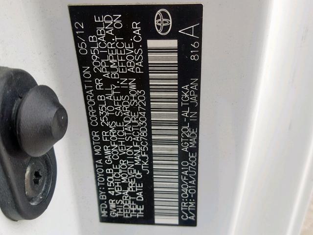 JTKJF5C78D3047203 - 2013 TOYOTA SCION TC თეთრი ფოტო 10