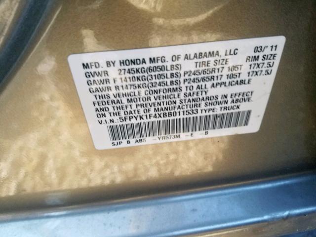 5FPYK1F4XBB011533 - 2011 HONDA RIDGELINE GOLD photo 10