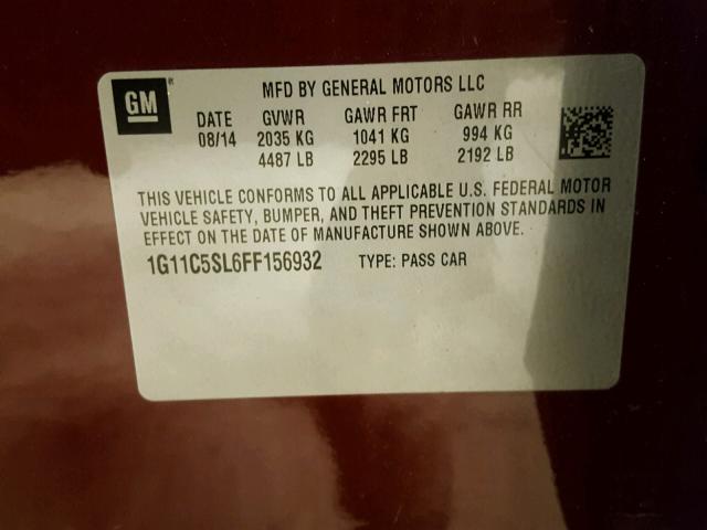 1G11C5SL6FF156932 - 2015 CHEVROLET MALIBU 1LT 栗色 照片 10