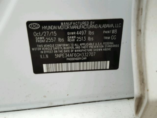 5NPE34AF6GH332707 - 2016 HYUNDAI SONATA SPO WHITE photo 10