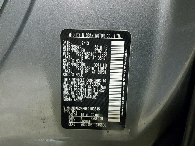 JN8AE2KP6E9103345 - 2014 NISSAN QUEST S GRAY photo 10