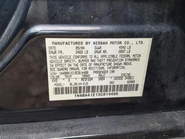 1N4BA41E15C814466 - 2005 NISSAN MAXIMA SE BLACK photo 10