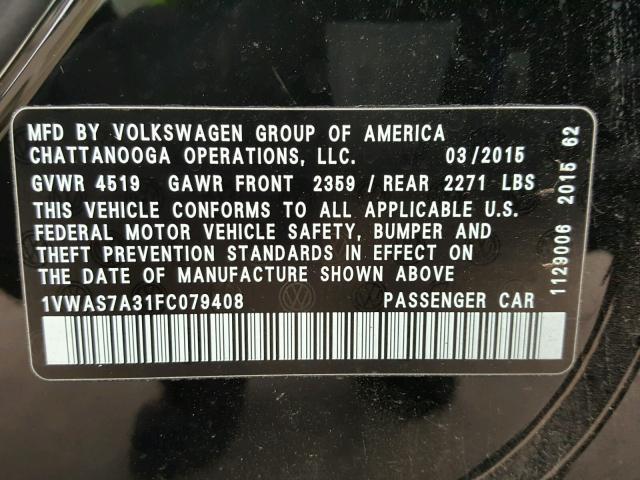 1VWAS7A31FC079408 - 2015 VOLKSWAGEN PASSAT S BLACK photo 10