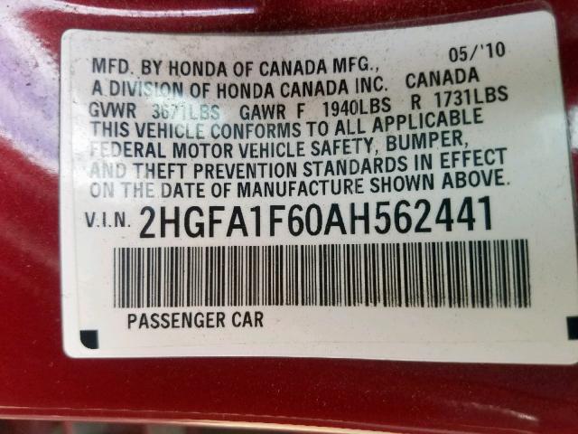 2HGFA1F60AH562441 - 2010 HONDA CIVIC LX-S Qırmızı foto 10