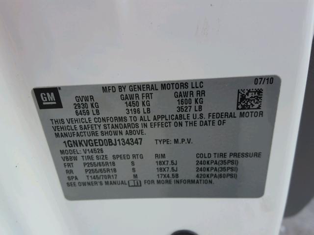 1GNKVGED0BJ134347 - 2011 CHEVROLET TRAVERSE WHITE photo 10