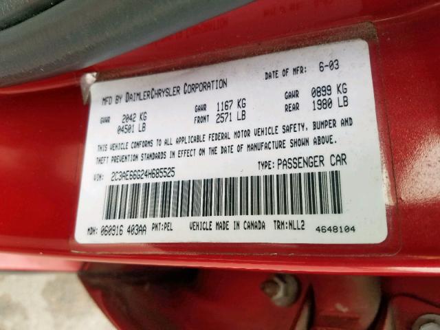 2C3AE66G24H685525 - 2004 CHRYSLER 300M RED photo 10