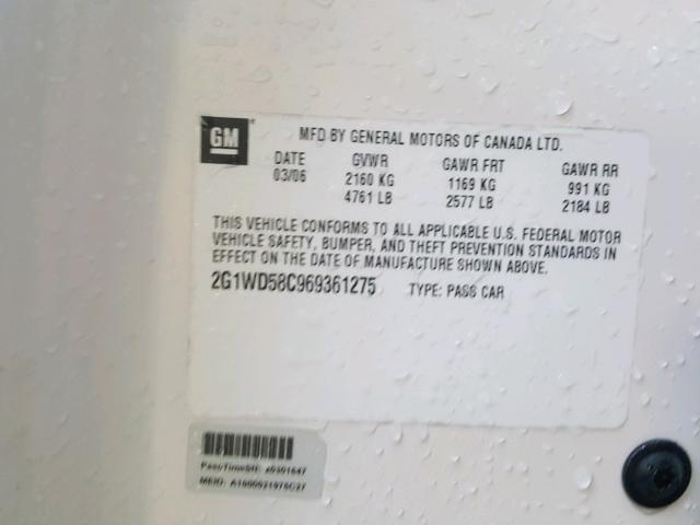 2G1WD58C969361275 - 2006 CHEVROLET IMPALA SUP Ақ фото 10