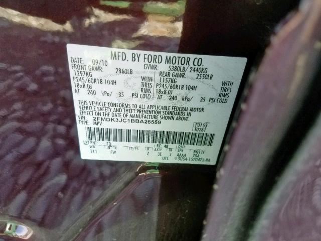 2FMDK3JC1BBA26559 - 2011 FORD EDGE SEL BURGUNDY photo 10