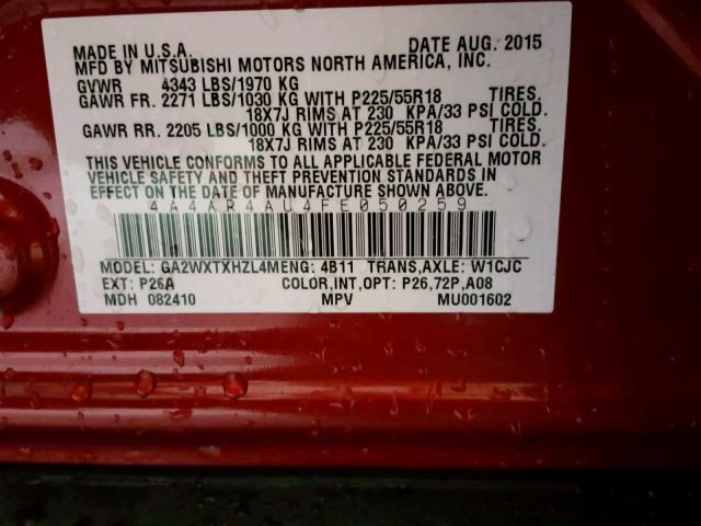 4A4AR4AU4FE050259 - 2015 MITSUBISHI OUTLANDER RED photo 10