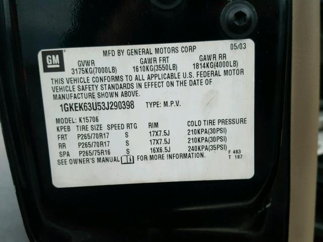 1GKEK63U53J290398 - 2003 GMC YUKON DENA BLACK photo 10