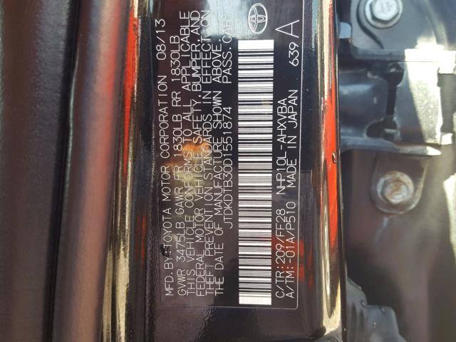 JTDKDTB30D1551874 - 2013 TOYOTA PRIUS C BLACK photo 10