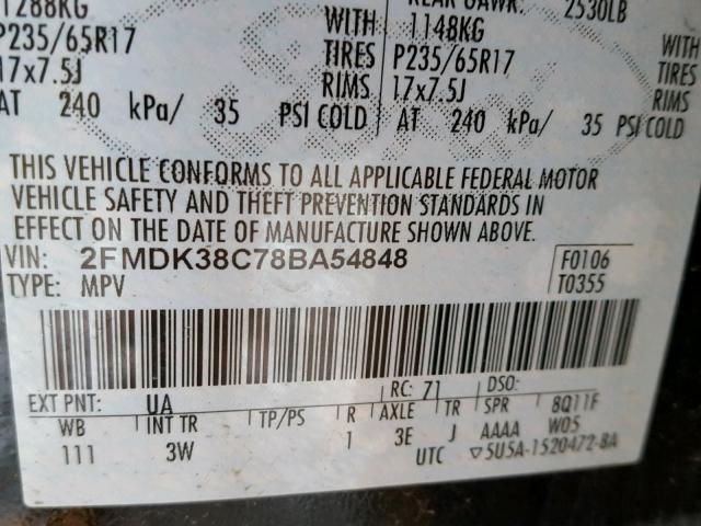 2FMDK38C78BA54848 - 2008 FORD EDGE SEL BLACK photo 10