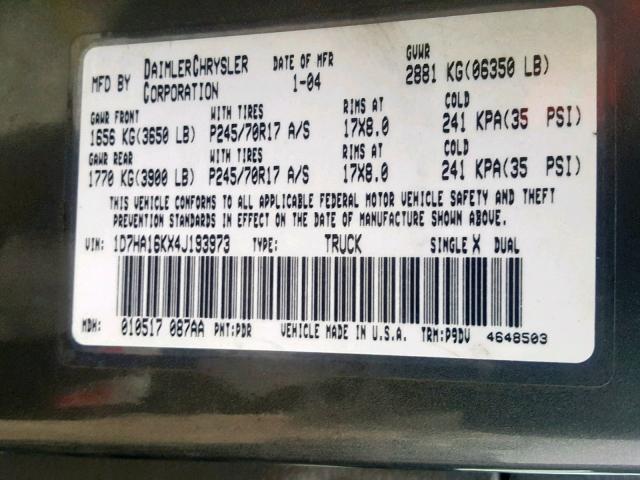 1D7HA16KX4J193973 - 2004 DODGE RAM 1500 S GRAY photo 10