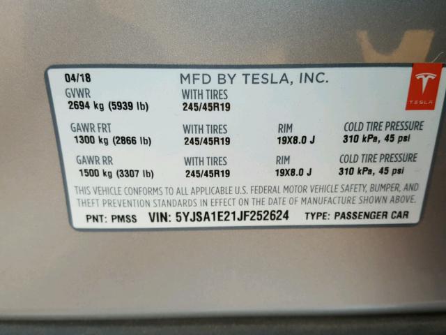 5YJSA1E21JF252624 - 2018 TESLA MODEL S SILVER photo 10