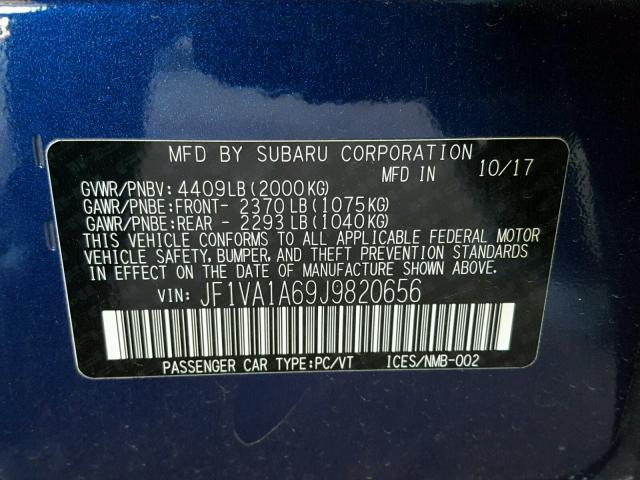 JF1VA1A69J9820656 - 2018 SUBARU WRX BLUE photo 10