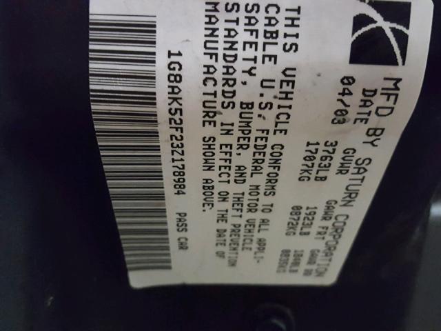 1G8AK52F23Z178984 - 2003 SATURN ION LEVEL BLACK photo 10