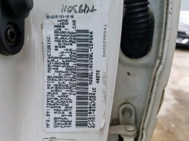 4T1BE32K03U148281 - 2003 TOYOTA CAMRY LE WHITE photo 10