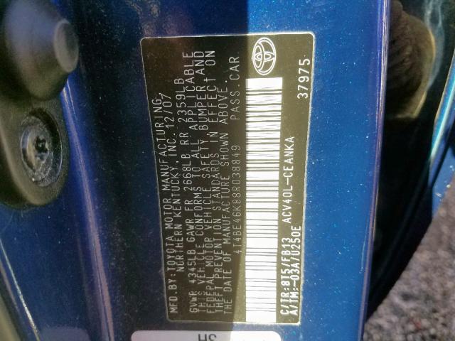 4T4BE46K88R038849 - 2008 TOYOTA CAMRY CE BLUE photo 10