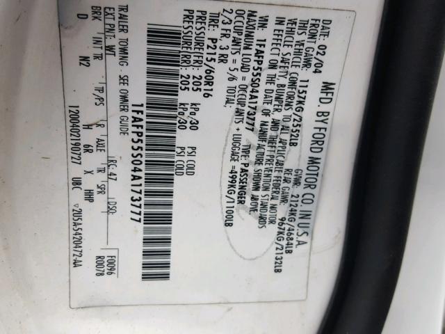 1FAFP55S04A173777 - 2004 FORD TAURUS SES WHITE photo 10