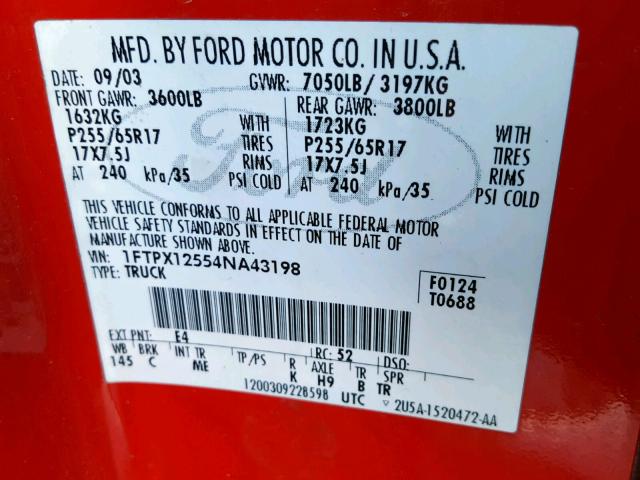 1FTPX12554NA43198 - 2004 FORD F150 RED photo 10