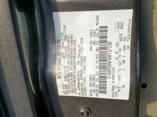 1FAHP34N76W137230 - 2006 FORD FOCUS ZX4 GRAY photo 10