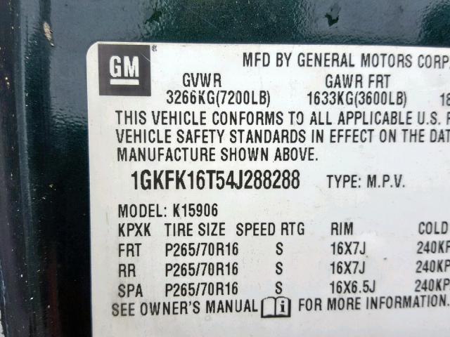 1GKFK16T54J288288 - 2004 GMC YUKON XL K GREEN photo 10