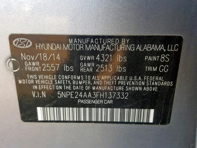 5NPE24AA3FH137332 - 2015 HYUNDAI SONATA ECO SILVER photo 10