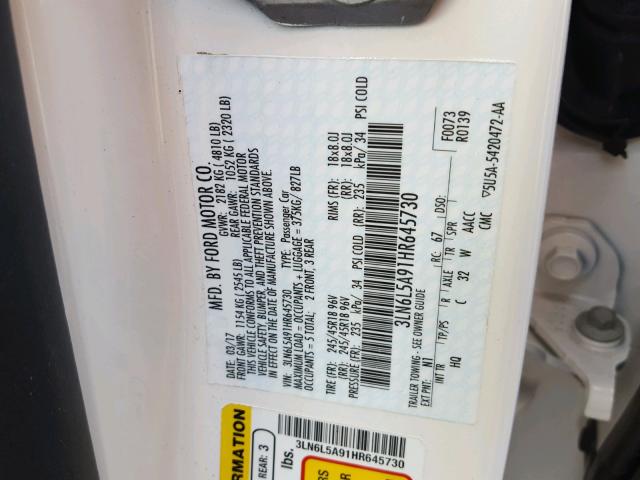 3LN6L5A91HR645730 - 2017 LINCOLN MKZ PREMIE WHITE photo 10