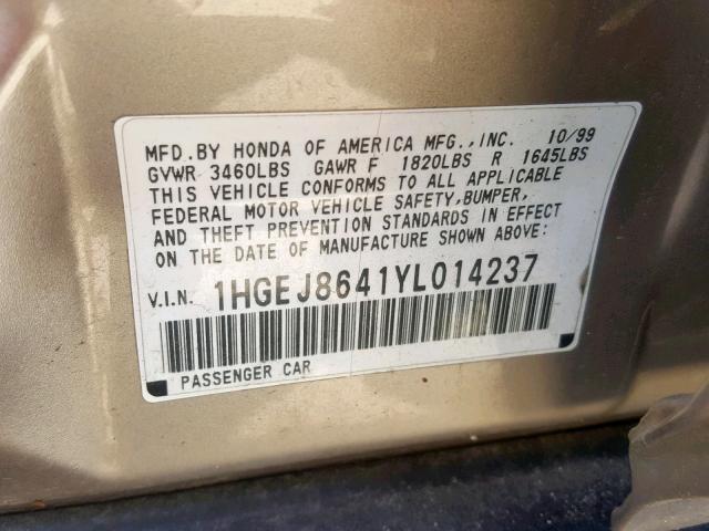 1HGEJ8641YL014237 - 2000 HONDA CIVIC EX GOLD photo 10