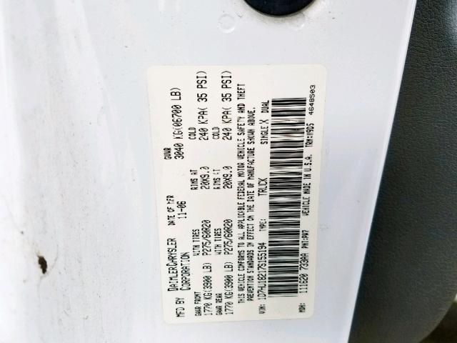 1D7HU18217S155194 - 2007 DODGE RAM 1500 S WHITE photo 10