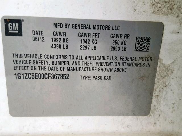 1G1ZC5E00CF367852 - 2012 CHEVROLET MALIBU 1LT 白色 照片 10