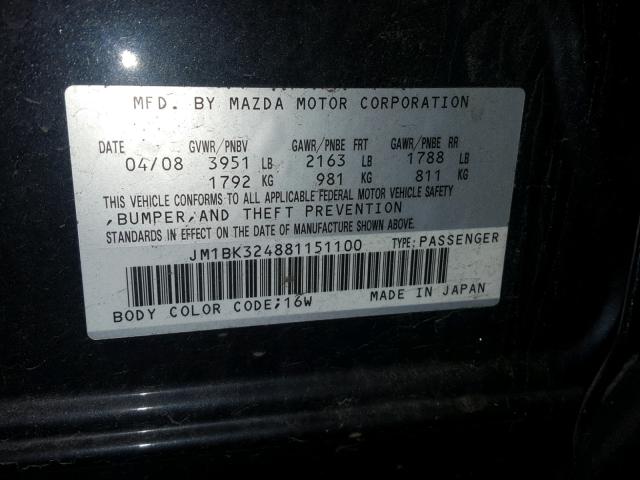 JM1BK324881151100 - 2008 MAZDA 3 S BLACK photo 10