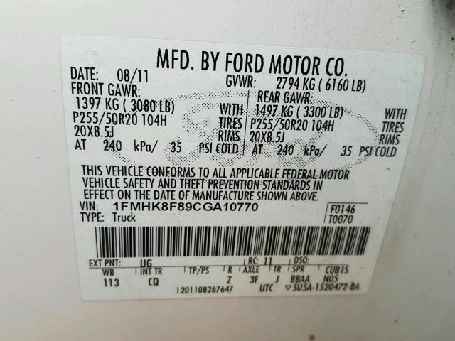 1FMHK8F89CGA10770 - 2012 FORD EXPLORER L WHITE photo 10