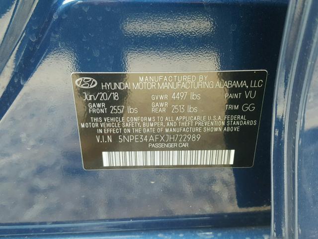 5NPE34AFXJH722989 - 2018 HYUNDAI SONATA SPO BLUE photo 10