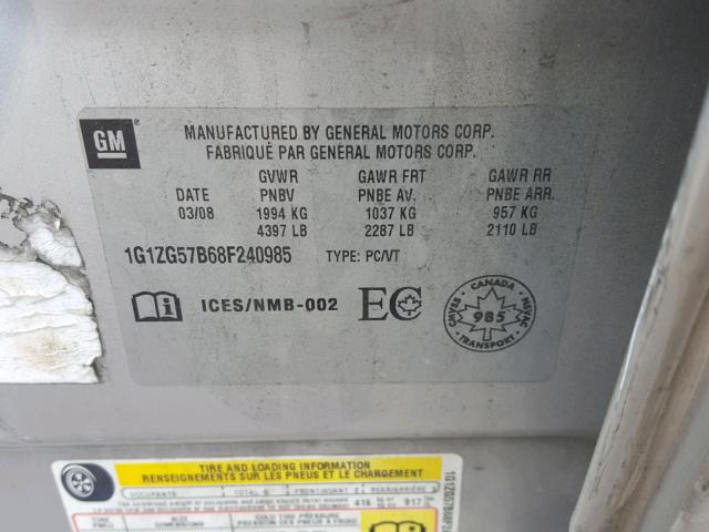 1G1ZG57B68F240985 - 2008 CHEVROLET MALIBU LS ვერცხლისფერი ფოტო 10