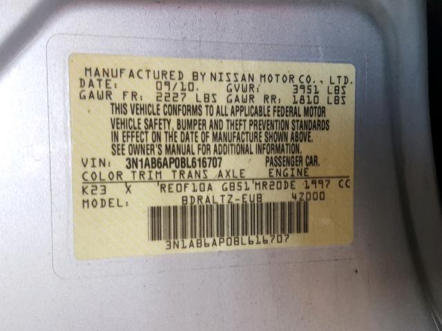 3N1AB6AP0BL616707 - 2011 NISSAN SENTRA 2.0 GRAY photo 10