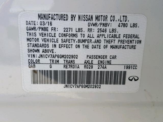 JN1CV7AP6GM202902 - 2016 INFINITI Q50 BASE WHITE photo 10