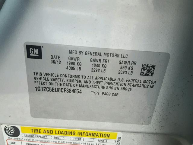 1G1ZC5EU8CF384854 - 2012 CHEVROLET MALIBU 1LT SILVER photo 10