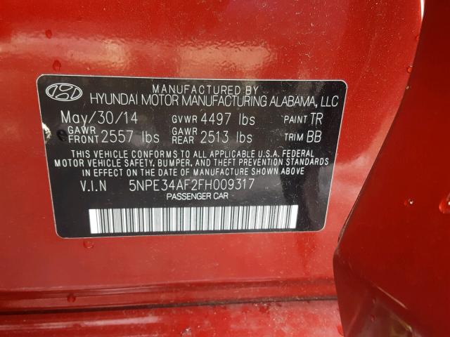 5NPE34AF2FH009317 - 2015 HYUNDAI SONATA SPO MAROON photo 10