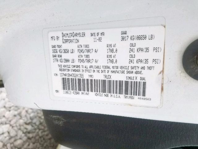 1D7HA18N43S201355 - 2003 DODGE RAM 1500 S WHITE photo 10